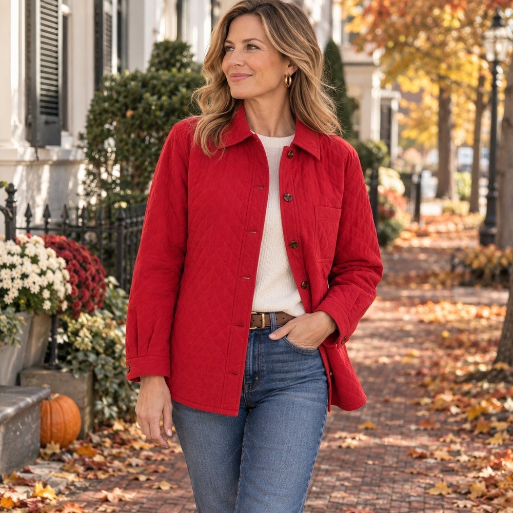 Talbots Petites Quilted Barn Jacket Red Button Front Stretch Cotton Women's L